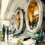 **<https://s.mj.run/Nlu3ItpiLmk> <https://s.mj.run/5Zwnb5PDQNM> an illustration using black pen and watercolour, loose sketchy watercolor and black pen illustration of a futuristic healthcare waiting room where people are scanned and then led by robots that are human like to individual weelnes pods, the style is country farmhouse with a fireplace meets zaha hadid organic futuristic architecture highly detailed, hihgly imaginative and unique --ar 16:9 --v 6.1 --s 250** - Image #3 <@999895176619237436>