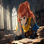 **A young female knight with long wavy red-orange hair in a side ponytail, bright blue eyes, wearing brown leather armor corset with blue and yellow cape, black fingerless gloves, deeply focused on documents on desk, looking down at paperwork, head tilted down reading papers, eyes gazing at documents below, holding quill pen, detailed fantasy medieval office interior with bookshelves and stone walls, arched windows with soft natural lighting, piles of paperwork and scrolls on wooden desk, peaceful fantasy atmosphere, anime fantasy art style, serious and attentive expression looking at papers --oref <https://s.mj.run/nGr2pVqEDGE> --ow 700 --v 7.0 --ar 11:6** - Upscaled by <@251307332816994305> (fast)