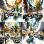 **<https://s.mj.run/J481k19R0sY> <https://s.mj.run/Nlu3ItpiLmk> <https://s.mj.run/5Zwnb5PDQNM> an illustration using black pen and watercolour, loose sketchy watercolor and black pen illustration of a futuristic healthcare waiting room with micro hotel pods on one side of teh atrium space and a multistory restuarant with a large movie screen on the second level with comfy seating , the space which is filled with trees, the northern lights are present at the high ceiling , zaha hadid organic futuristic architecture highly detailed, unique, many maodern people in the space --ar 16:9 --v 6.1 --s 250** - <@999895176619237436> (fast)