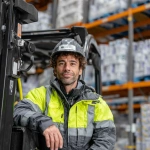 **A male forklift specialist in bright workwear and a helmet, with curly hair and an expressive gaze, standing next to a forklift, leaning on it. In the background, there is a warehouse filled with products neatly arranged on shelves. The scene is softly lit, highlighting the details of his outfit, the forklift, and the products, creating an atmosphere of professionalism, confidence, and a work-focused vibe. --p ud5ebxz** - Image #2 <@1073058804779978844>
