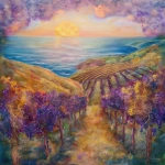 **A breathtaking ethereal landscape painting, blending vibrant oil paints with luminous, translucent organza textures, capturing a vineyard at golden hour with rolling hills, lush grapevines, and a tranquil seascape horizon. A rising sun with soft pinks, lavenders, and golds evokes empowerment and resilience, with delicate organza layers adding shimmering, whimsical depth. The composition radiates divine calm and timeless elegance, transforming spaces into sophisticated sanctuaries, framed by a luxurious interior hint. Inspired by nature’s grace and spiritual strength, in Deeline’s mixed-media style, highly detailed, cinematic lighting, 4K resolution. --v 6.0** - Upscaled (Creative) by <@1110395229338615829> (fast)
-# Create, explore, and organize on [midjourney.com](<https://midjourney.com/imagine?from_discord=1>)
