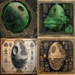 **monochronolith steampunk Death Star, from star wars, liquid oxygen, schematics, side view, in extremelly detailed instructions of an underground secret golden leaf papyrus, glow fosforescent green in details and borders, illuminated folio, ancient, with a technical project of Death Star, black and white ambient occlusion map, craquelure style edges, gold filigree, by leonardo da vinci, with infographic, technical notes, sepia, worn out by time, borders made by mucha --ar 5:3 --stylize 150 --v 7.0** - <@1054482006731395092> (fast)