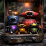 **<https://s.mj.run/8ZWPiUwi6E0> <https://s.mj.run/Zy-CetMk3hk> prizes in an old rundown alien claw machine, Cute Pixar style robots, family made of iridium and rust, red, blue, green, orange, yellow, black, silver, seen thru the glass, black background, sref 129797111 --ar 4:7 --profile xq1185d --v 7.0** - Image #3 <@1002947002323185734>