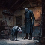 **a dark gothic horror dnd style painting of an 8 foot tall terrifying, goliath zombie, blacksmiths apprentice. The creature should have empty eyesockets. Next to the creature should be a mutated half canine looking horror creature. The scene should resemble a gothic renaissance horror oil painting** - Image #1 <@545090802750324757>