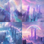 **futuristic cityscape with tall, transparent skyscrapers glowing in violet, cyan, blue, and white tones, dreamy cloudy sky above, vibrant and prominent rainbow arcing across the sky, ethereal digital atmosphere, soft cinematic lighting, layered translucent architecture, subtle HUD-style graphic line overlays, high detail, surreal and luminous** - <@407518606444986378> (fast)
-# Create, explore, and organize on [midjourney.com](<https://midjourney.com/imagine?from_discord=1>)