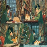 **a boy with short black hair and a green overcoat is working on his laptop in the library, wearing headphones. there is a colorful cat sleeping next to him. people are hanging out around them, smiling. a christmas tree is nearby, and books are all over the shelves. snow is falling outside the window, in the style of ghibli, with a cartoon style, colorful and happy vibe. it's a detailed, close-up shot of the man and his computer screen. --ar 16:9** - <@409716268476923920> (fast)