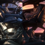 **a male, in gym clothes, sitting inside of a modern ford mustang, sitting in the driver seat, with the camera perspective low from the passenger side of the car, looking up at the driver, looking down at a bottle in the cup holder. dawn hours. photorealistic** - <@719736185945063474> (fast)