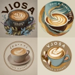 **Design a round emblem logo for Vjosa Café & Events featuring a top-down coffee cup with fluid, river-like latte art that symbolizes flow and creativity. The café name curves gracefully around the outer ring. Use a soft neutral background with gold and taupe tones, evoking warmth, nature, and sophistication. Include olive tones, lavender, brown, pastel yellow or gold and light blue. The overall look should feel elegant, organic, whimsical and story-driven.** - <@742818012356411403> (fast)