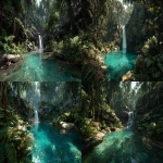 **magine A secluded waterfall cascading into a turquoise pool deep within a dense, emerald jungle. Sunlight filtering through the canopy, creating dappled shadows. Lush ferns, vibrant orchids, and exotic birds. Photorealistic, 8k, cinematic lighting --ar 16:9** - <@1064696218443317378> (fast, stealth)