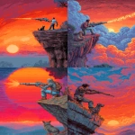 **a man with one metallic arm firing a futuristic rifle downward off a cliff, a dramatically colorful sunset is on his right side, his dog is sitting next to him, 8bit color, retro video game resolution --ar 5:7** - <@481618854582157330> (fast)