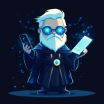 **Futuristic legal wizard mascot, glowing blue eyes, wearing a judge robe mixed with a wizard cloak, holding a digital scroll and a smartphone, cartoonish but clean, high-tech magical vibe, flat design - vector art --s 250** - Image #2 <@844314166369583134>