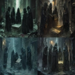 **five cloaked skaa rebels gathered in a narrow ash-strewn alley at night, huddled around a map laid on a crate, all with visible faces showing determination and focus, worn clothing and scavenged gear, black ash falling from the sky, soft mist swirling at their feet, flickering warehouse light nearby casting long shadows, gritty dark fantasy, cinematic composition, inspired by mistborn, oil painting style --ar 16:9 --v 6.0 --raw** - <@398622100233125890> (fast)