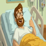 **a grinning man in a hospital bed, round face, glasses, brown hair, neatly trimmed brown beard, giving a thumbs up, in the style of a classic Warner Bros cartoon, --ar 5:3** - Image #1 &lt;@1062998643696750602&gt;