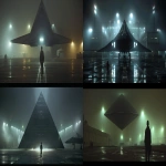 **Wide cinematic shot Langley military base night scene, lone serviceman on walking track witnessing massive black triangle UFO hovering above NASA hangar complex, 150-foot equilateral craft with expensive black metallic car paint mirror finish, three corner white lights plus one central light 3x larger totaling four lights, perfect 90-degree right angles on bottom surface corners, ethereal golden-yellow energy field glowing from top surface cascading downward around craft perimeter, base infrastructure silhouettes, flight line background, atmospheric night photography, sense of scale and isolation, documentary realism --ar 7:3 --v 6.0 --raw** - <@701603354954170449> (fast)