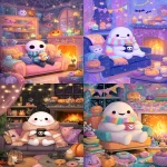 **a super cute kawaii ghost with round black eyes, cozy striped scarf, big smile, sitting on a couch holding a donut and a mug with skull, in a cozy living room with glowing fireplace, pumpkins, stars, friendly bats, and magical halloween decorations, vibrant pastel colors, soft and adorable atmosphere, a4, cover illustration, highly detailed --ar 5:7** - <@437878260013989888> (relaxed)
-# Create, explore, and organize on [midjourney.com](<https://midjourney.com/imagine?from_discord=1>)