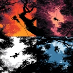 **epic explosive comic book style silhoette of a kid in a harness repelling through the tree top, --ar 9:16 --v 7.0** - <@694537660894806087> (fast)