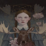 **a girl named Dorothy garland with a mahogany moose head in front a large flower, in the style of detailed portraiture, otherworldly illustrations, wizard of Oz, geometric aesthetics, the stars art group (xing xing), haunting portraits, painted illustrations --ar 74:105 --p 248jcws --s 50 --v 7.0** - Image #1 <@1007106543935823902>