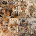 **dense abstract symbolic painting with layered ancestral mask-like figures, earthy ochre, rust, clay, sand and charcoal palette, highly detailed hand-drawn markings, dotted paths, spirals, tally marks, ritual symbols, and connective lines weaving through faces, busy textured background with faded ghost symbols and overlapping forms, ancient storytelling map aesthetic, basquiat vibes, raw canvas texture, imperfect organic lines, visual depth and complexity, sacred and mysterious, intentional chaos, tactile surface --ar 3:4 --raw --v 7.0** - <@1133084267879088158> (fast)
-# Create, explore, and organize on [midjourney.com](<https://midjourney.com/imagine?from_discord=1>)