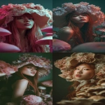 **a beautiful asian woman with long red hair, wearing an oversized mushroom hat made of lace and flowers on her head, standing in a room full of mushrooms, with soft pink colors and a dark green background. this editorial photography is from a professional photoshoot, featuring a portrait with studio lighting, an ultra-realistic and cinematic style, captured with a 35mm lens at f/2.8, showcasing the natural skin texture, pores, and blemishes. --ar 71:128** - <@267082272199409666> (fast)