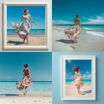 **A beautiful young woman in her floral print dress, running barefoot on the sand, with the intensely blue sea and the equally beautiful blue sky in the background, in a perfect composition and framin** - <@1088088706168144024> (fast)