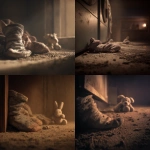 **A single sock under a laundry dryer, dusty and forgotten, surrounded by dust bunnies and a small, dirt-covered stuffed kangaroo. Dim, moody lighting with warm tones. A slope of the floor leads into deeper shadow. The sock appears soft, slightly wrinkled, with a hint of personality--evoking loneliness and quiet hope. Photorealistic, shallow depth of field, cinematic atmosphere.** - <@876267919003238460> (fast)
-# Create, explore, and organize on [midjourney.com](<https://midjourney.com/imagine?from_discord=1>)