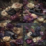 **a dark, moody, victorian oil painting in impasto style of a bat nestled in flowers in black, cream, gray, and deep purple, as well as ferns and thickets. --ar 3:4 --v 7.0** - <@693132661379825714> (fast)