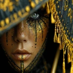 **black light elegant creative carnival deviant art, face, beautiful eyes, golden, parasol, black background --s 750 --ar 4:3** - Image #1 <@1128543579556565043>