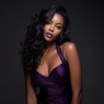 **Stunning Black African American woman with deep, rich dark skin, wearing a form-fitting purple gown. Her hair is long, silky, jet-black with a neat middle part, styled in soft, voluminous curls that frame her face similar to glamorous blowout curls. Full lips, long lashes, soft natural glam makeup, radiant skin. She leans forward slightly in a confident, feminine pose. Background is a sleek black gradient studio backdrop with subtle flash-photography highlights. High-fashion editorial lighting, ultra-realistic detail, smooth textures, luxury beauty aesthetic, 4k, portrait orientation. --v 7.0** - Upscaled by <@1344017073965240440> (fast)