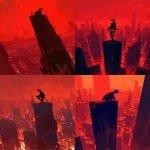 **Tiny silhouette of Catwoman standing on a tall skyscraper edge, vast crimson city stretching out below her, glowing red sky, atmospheric and dramatic, space for lyrics --ar 9:16 --niji 6** - <@257221362568003584> (fast)