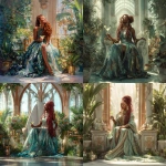 **A stunning portrait of a Congolese queen sitting gracefully in the midst of a lush greenhouse filled with vibrant tropical plants and greenery. She wears an elegant gown of shimmering blue, silver, green, and gold fabrics that glisten softly in the natural morning light. Her long red dreadlocks are thick, curly, and spiraled, cascading around her shoulders like living fire. She sits confidently on an ivory throne, legs crossed, holding a martini glass with a lemon drop martini. Her eyes are closed, smiling widely with peaceful joy and radiant energy. The greenhouse itself is crafted from ivory-colored stone with rich wooden trims, sunlight streaming through in soft early-morning rays, creating a serene, ethereal glow. The entire scene should embody Futuristic Art Deco elegance, inspired by Symphony in Black by Erté (1967) graceful lines, geometric harmony, luxurious textures, and opulent yet minimalist design. Perfect composition for a Facebook profile portrait, detailed, expressive, regal, serene atmosphere, cinematic lighting, ultra-realistic digital painting style.** - <@1105612981137588285> (fast)