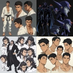 **original anime character, hand-drawn portrait style, thick bold outlines, clean cel-shading, visible sketch lines, crosshatching on fabric folds and underlying anatomy, ultra-detailed line art with zero clutter, sharp and defined facial features, full-color rendering, high visual clarity of face and body, character-centered composition include multiple perspective variants: frontal heroic close-up (face and torso squared), three-quarter angle showing jawline and stance depth, low-angle upward shot for size and presence, high-angle downward for clothing detail, side profile close-up with flowing fabric and sharp expression uncluttered background, zero special effects, only character and clothing, emphasis on silhouette, expression, pose, and detailed costume, anime character design with clear visual logic --niji 6 --raw** - <@266429059049848832> (fast)