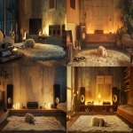 **cozy modern living room at night, warm ambient lighting with candles, minimalist concrete wall interior, wooden furniture and vinyl record player, large speakers, soft beige rug, centered fluffy white sheep resting on the rug, wooly and cloud-like texture, calm and peaceful atmosphere, soft shadows, warm golden glow, cinematic lighting, shallow depth of field, modern American cozy aesthetic, no people, no text, no logos, ultra realistic photography, high detail, relaxing mood, perfect for ambient music YouTube thumbnail --ar 16:9 --v 6.0 --raw** - <@1383071639465496637> (fast)