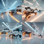 **A futuristic, high-detail scene of multiple unique robot drones racing and flying through a white, high-tech indoor drone racing arena. The drones have distinct designs, one is black and white, another is solid black, and the third is metallic silver. the robots have different design, not all the same as each other, please make the robot different design. All are glowing with vibrant orange and blue light lines, creating a dramatic glow-in-the-dark effect. The background is a clean, minimalist white room with futuristic lighting and a dynamic sense of motion. cinematic lighting, 8k** - <@1237654084786327583> (fast)