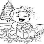 **A whimsical storybook coloring page illustration of a cheerful young child sitting cross-legged on the floor, tearing open a wrapped gift box. The child has a look of pure excitement and surprise. Shreds of wrapping paper are on the floor. A tree is in the background. Clear black outlines, engaging scene, activity page style. --ar 17:22 --stylize 50 --v 6.1 --no shading, color, grey, gradients, realistic, photo, 3d, shadows, filled-in** - Image #2 <@1056554354854854686>