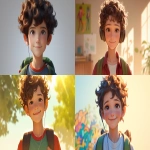 **a medium shot of a realistic illustrated happy 7-year-old Caucasian male student from America, they have a well-defined nose and a well-defined jawline, they have brown eyes and curly brown hair, they stand with their head and neck and shoulders completely square to the camera and facing forward, their entire body is facing forward, they wear a backpack, they have headphones on their head, they stand in front of a white wall with bright graffiti art spray painted on it, it is daytime, the sun is shining bright, high-definition, anime-style, --ar 16:9 --niji 6** - <@1065025086664474674> (relaxed)