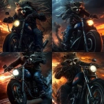 **a photographic, photoshoot, photo realism, worm's eye view, front on view of a anthropomorphic, crazy raccoon with an extremely high pompadour and wild, extremely long, stringy side face hair, is wearing a black leather jacket with the collar up and blue jeans, he is riding on a blue Harley Davidson Chopper with an American flag painted predominantly on the gas tank, we can see the entire motorcycle is in view, the rear tire is spinning, throwing up debris and a little bit of smoke, as the front tire lifts off the pavement. raking light, rim light, beautiful sunset light --style raw --sref 2271222 1682766493 --v 6.1** - <@1022866044244733994> (fast)