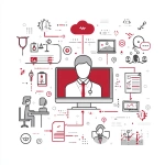 **A minimalist graphic design in red and gray colors, a big Symbol for Health, Clinic, Videoconference, legal dokuments, a cloud-computer, a screen. On a pure white background. Small icons representing law, external consultants are shown as sharp, fascinating objects. The overall composition should convey the message that secure video conferencing is maximal important. Style: Clean, modern, corporate design with sharp contrasts between red and gray elements** - Image #1 <@1092756638915629066>