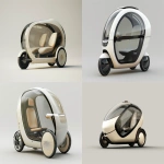 **futuristic compact electric capsule scooter, short and upright body like a standing scooter, enclosed cockpit with transparent glass all around, one front wheel and two rear wheels clearly visible, minimalist design, solar panel on top, soft matte body in beige and white, designed for one seated passenger, lightweight, urban personal mobility vehicle, 3/4 view on neutral background --ar 3:2 --v 6.0 --raw** - <@361336964084924446> (fast)