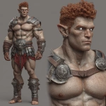 **Character design sheet. Realistic 3d rendering. Character design sheet of a ruggedly handsome, Hyper muscular handsome half orc, bodybuilder, bright silver eyes, short curly red Mohawk, short pointed ears, defined muscles, Huge leg muscles, huge pectoral muscles, big arm muscles, vascular hyper muscular, wide Grecian nose, strong square jaw, defined cheek bones, masculine features, freckles, Bodybuilder, short pointed ears, wearing Roman gladiator armor. --v 7.0** - Image #3 <@1222981214734913607>