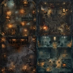 **top-down view of a large, Final Empire-style warehouse interior from the Mistborn universe, segmented layout with interconnected rooms like ash-streaked offices, hidden storerooms, and dim maintenance corridors, tall soot-covered metal shelves, scattered crates and supply barrels, worn stone and metal flooring layered with ash, overhead lanterns casting harsh shadows, one wall features a glowing red alarm rune device, moody oppressive atmosphere, industrial gothic architecture, ideal for Allomancer battles, detailed grid-compatible design for tabletop RPGs, 2D isometric battle map --v 6.0 --ar 1:1 --raw** - <@398622100233125890> (fast)