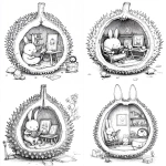 **Cozy Durian Workshop - inside a hollow durian, front view, centered composition, spiky oval fruit with distinct segments, Hazel the rabbit reading a book on a tiny chair, Pip the hedgehog painting, playful furniture made from durian segments, black and white line art, clean bold outlines, storybook style, easy to color. --v 6.1** - <@1426448926453530644> (relaxed)