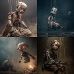 **ultra realistic, dark, 8k, of a robot made to look like a small porcelain doll from the late 1900’s. The robot hang’s by wires from its torso, eyes red, wires and circuits showing, face cracked. The scary robot is suspended by wires and looks like it has been through a war.. The atmosphere is dark and smokey. It hangs above a man dressed in rags, the old man is indigenous and kneels.** - <@921849585255714827> (fast)
