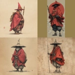 **male medium sized goliath monk wearing a red cloak and wizard hat in old japanese art style** - <@324026080451100683> (fast)