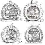 **Cozy Durian Workshop - inside a hollow durian, front view, centered composition, spiky oval fruit with distinct segments, Hazel the rabbit and Pip the hedgehog in a craft corner, making toys and crafts, small durian seeds used as shelves and materials, spiky durian scales used as decorations and shelves, playful furniture made from durian segments, black and white line art, clean bold outlines, storybook style, easy to color. --v 6.1** - <@1426448926453530644> (relaxed)