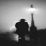 **Mr. Barnacle Jones, PI, bw movie, noir, silhouette, overcoat, hat, fog, street lamp --ar 2:5 --v 7.0** - Image #4 <@1234978308811132991>