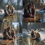 **A 45-year-old father and his 10-year-old son panning for gold in a shallow river in Siberia, spring of 1853, daytime, both wearing fur-lined expedition clothing suitable for gold prospectors, the father kneeling and carefully washing gravel in a wooden pan, the boy beside him helping with excitement, clear water reflecting sunlight, snow melting on the riverbanks, surrounded by tall Siberian pine trees, atmosphere of discovery and adventure, cinematic lighting, high details, 4k, realistic --ar 16:9 --v 7.0** - <@1395893999088308316> (fast)