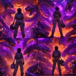 **cyberpunk mechanical snake den with angry chrome snakes with many sharp teeth, neon purple and orange theme. cyberpunk woman standing in foreground with back to camera, holding a pilot helmet** - Variations (Strong) by <@820024234734518302> (fast)