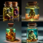 **A small cork-sealed glass jar filled with a luminous pistachio-green liquid, inside which floats a female astronaut in a detailed spacesuit, helmet on, gazing directly at the viewer. This jar is nested inside a second, larger jar containing an amber-hued translucent liquid (ivory tone), surrounded by floating garnet-red fruit (tiny plums). The second jar is itself submerged in a third, open-topped vessel filled with translucent blue liquid (like glowing seawater). Hyper-realistic surrealist style, dramatic lighting, wet textures, and crystalline reflections. Inspiration: Remedios Varo meets David LaChapelle, with vintage 1950s lab-glass aesthetics.** - <@755517668227809280> (fast)