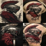 **a realism style black and grey tattoo design, a spartan style helmet with dark red glowing face facing 3/4 profile right, underneath the helmet is a red velvet cloak sweeping down the left side, there is a large chrome linked chain flowing downwards wrapping, there is also the hilt of a sword which has the sculpture of a lions head and wings on, there is also a scroll like banner with ethe words ‘Ephesians 6:11’ in a sqxript font. --ar 1:2 --v 6.1 --s 250** - <@1076015754727661618> (fast)