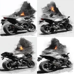 **a speeder motorbike standing on a rocky road, in the background on the winding road there is a bonfire with a flame --ar 3:5 --s 750 --sref <https://s.mj.run/PapqrsDryp0>** - Variations (Strong) by <@1167122440648937554> (fast)